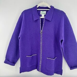 Quacker Factory Cardigan Sweater Purple Wool Zip Up Rhinestones‎ Pockets Size M